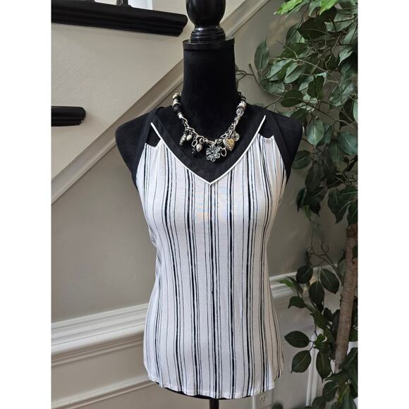 Candie's Blouse Top Women M White Black Striped Rayon Stretch V Neck Sleeveless - Picture 1 of 11